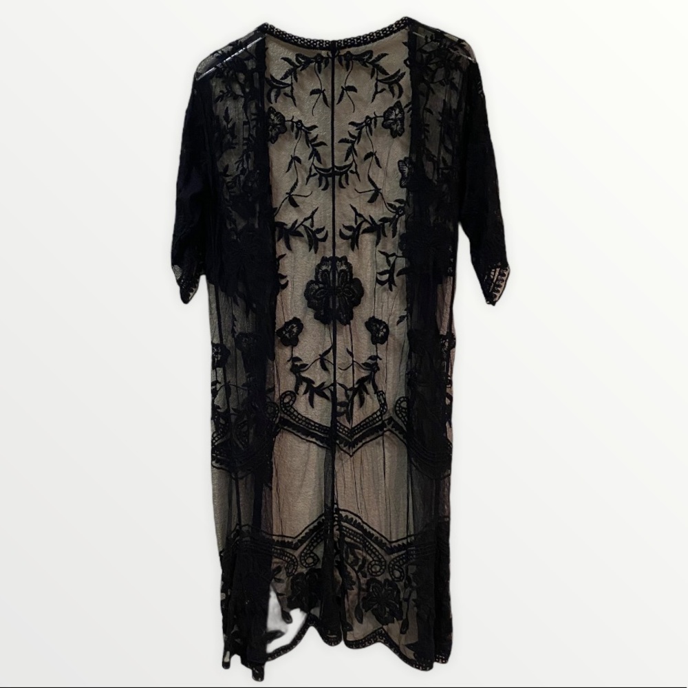 Long Black Lacey Sheer Kimono Medium